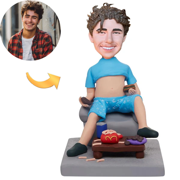 Happy Man Eating Fast Food Custom Bobblehead with Engraved Text