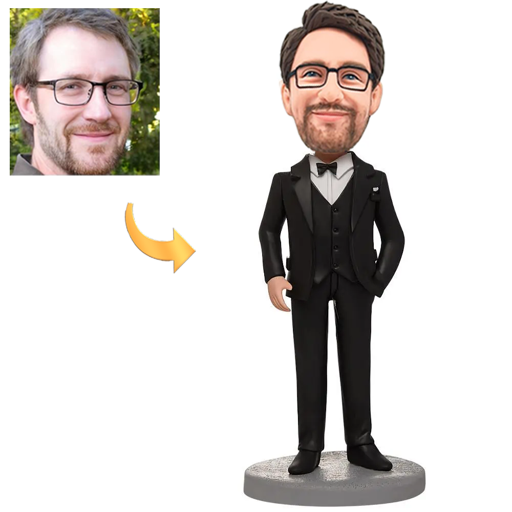 Custom Business Male Wearing A Black Suit Bobbleheads With Engraved Text