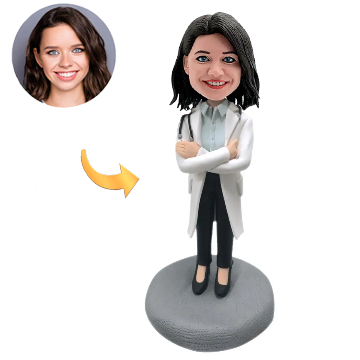Custom Bobblehead of a Female Doctor in Lab Coat with Stethoscope and Personalized Engraving