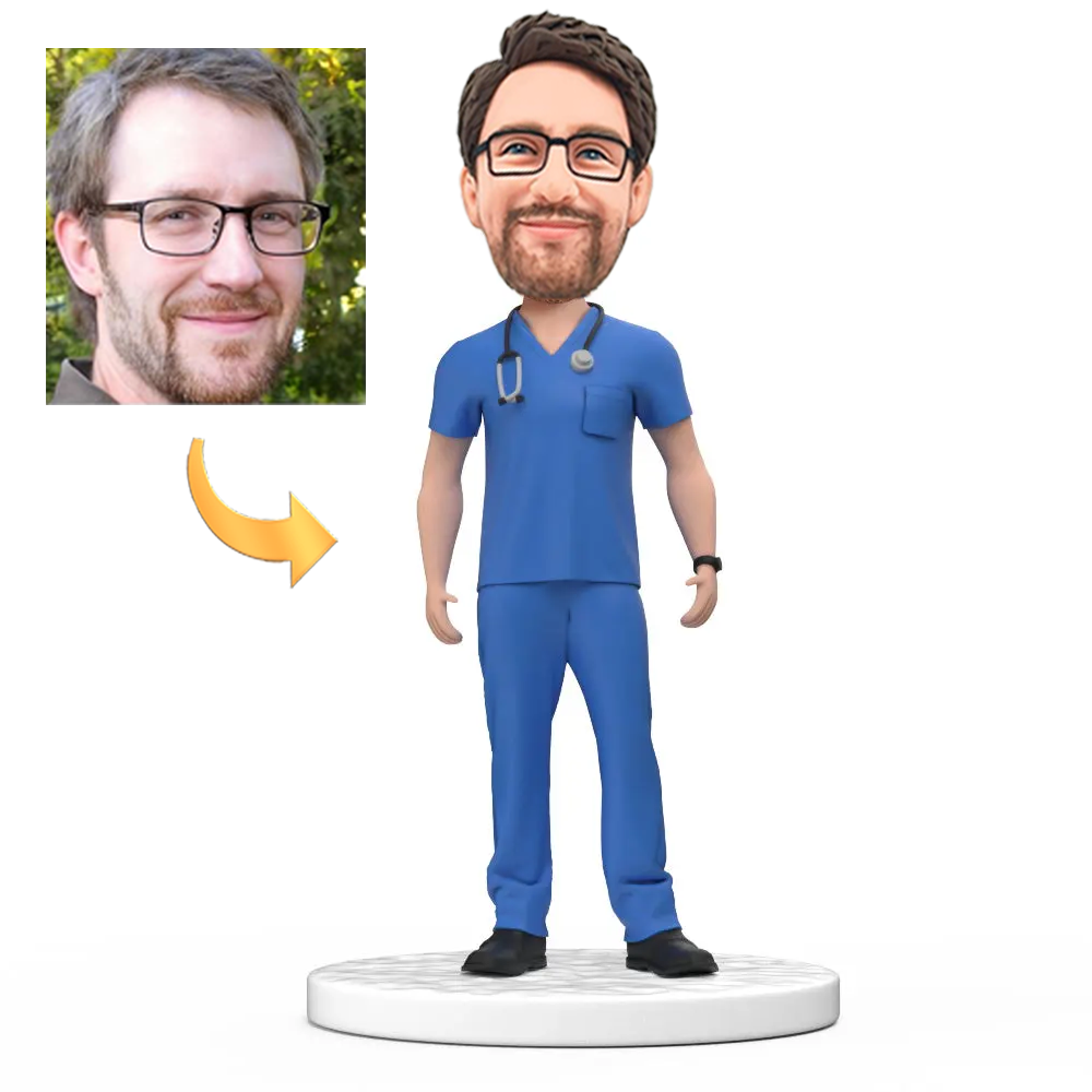 Custom Male Doctor Bobblehead in Blue Scrubs with Engraved Text Perfect Gift for National Doctor's Day