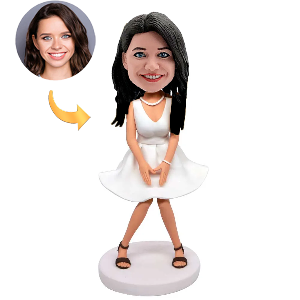 Sexy Woman in White Skirt Blown by Wind Custom Bobblehead with Engraved Text