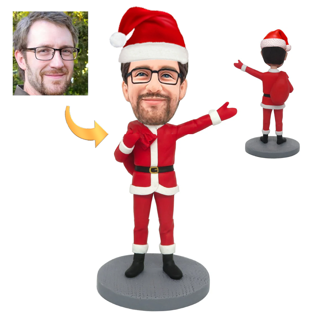 Boyfriend Santa Claus Holding Christmas Presents Custom Bobblehead with Engraved Text