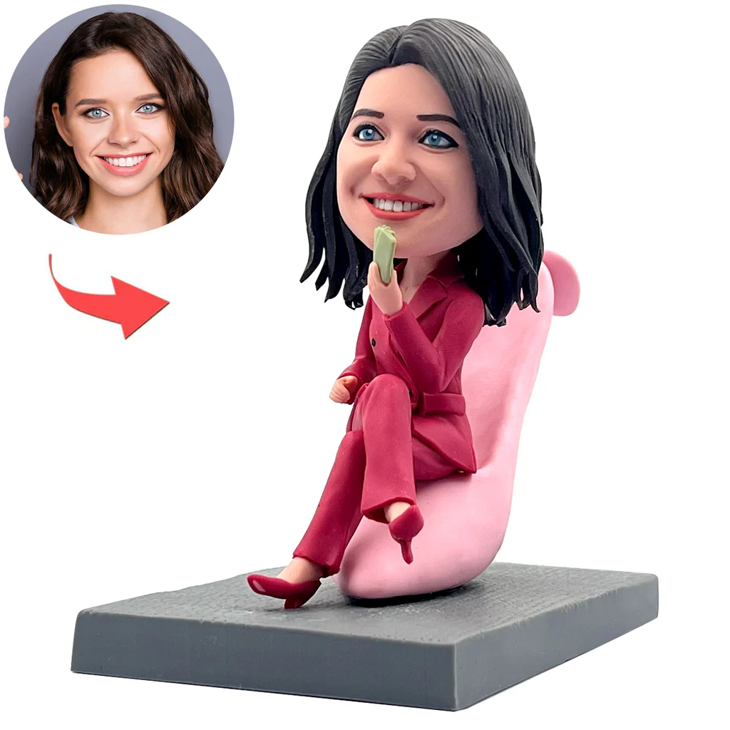 Business Woman Sitting on a Chair in High Heels Custom Bobblehead with Engraved Text