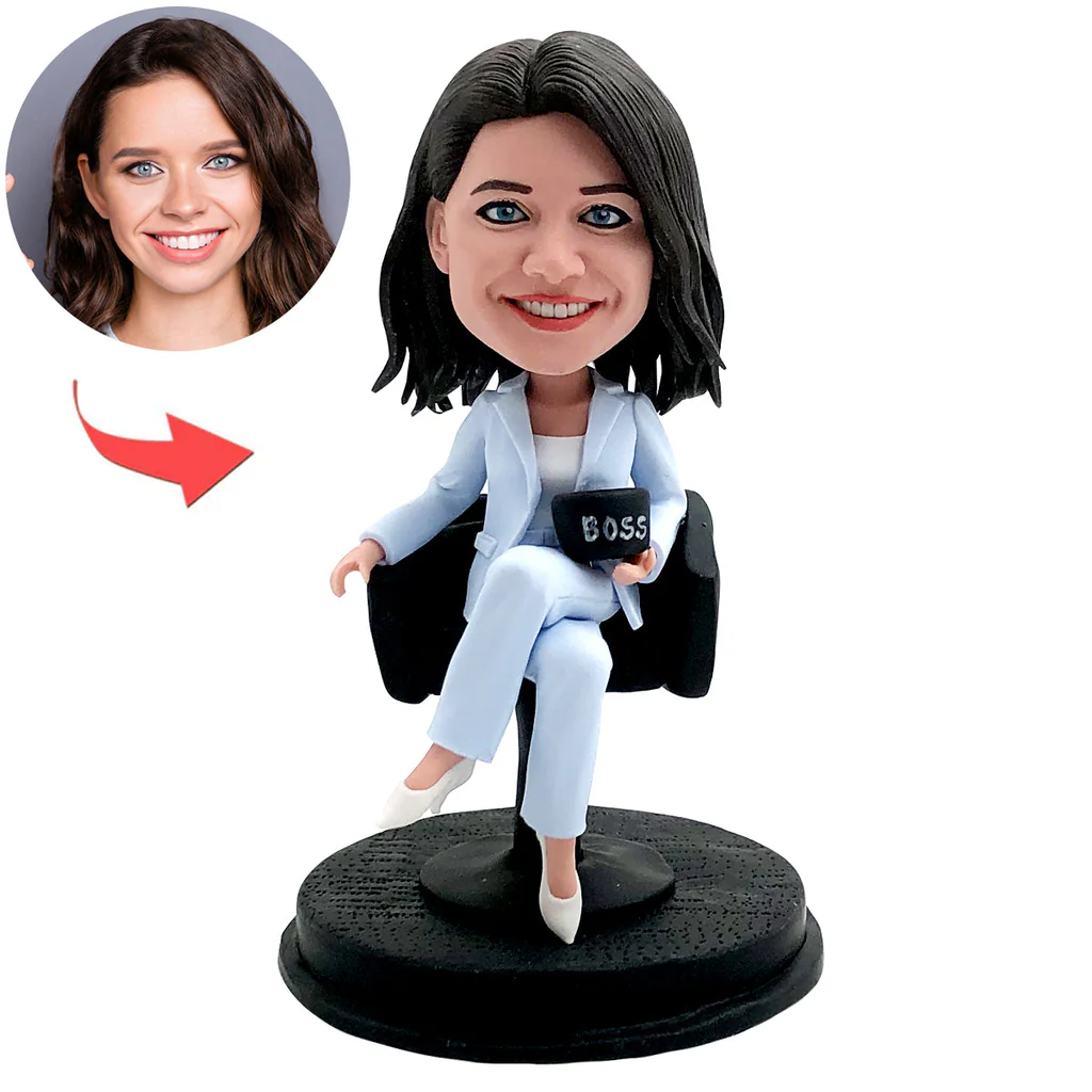 Female Boss Wearing a Blue Suit Holding Cup Custom Bobblehead with Engraved Text