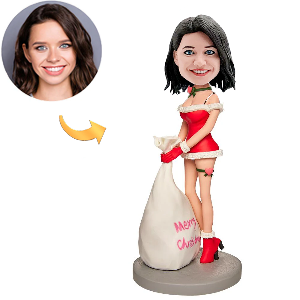 Sexy Christmas Girl Holding Gift Bag Custom Bobblehead with Engraved Text Christmas Gift