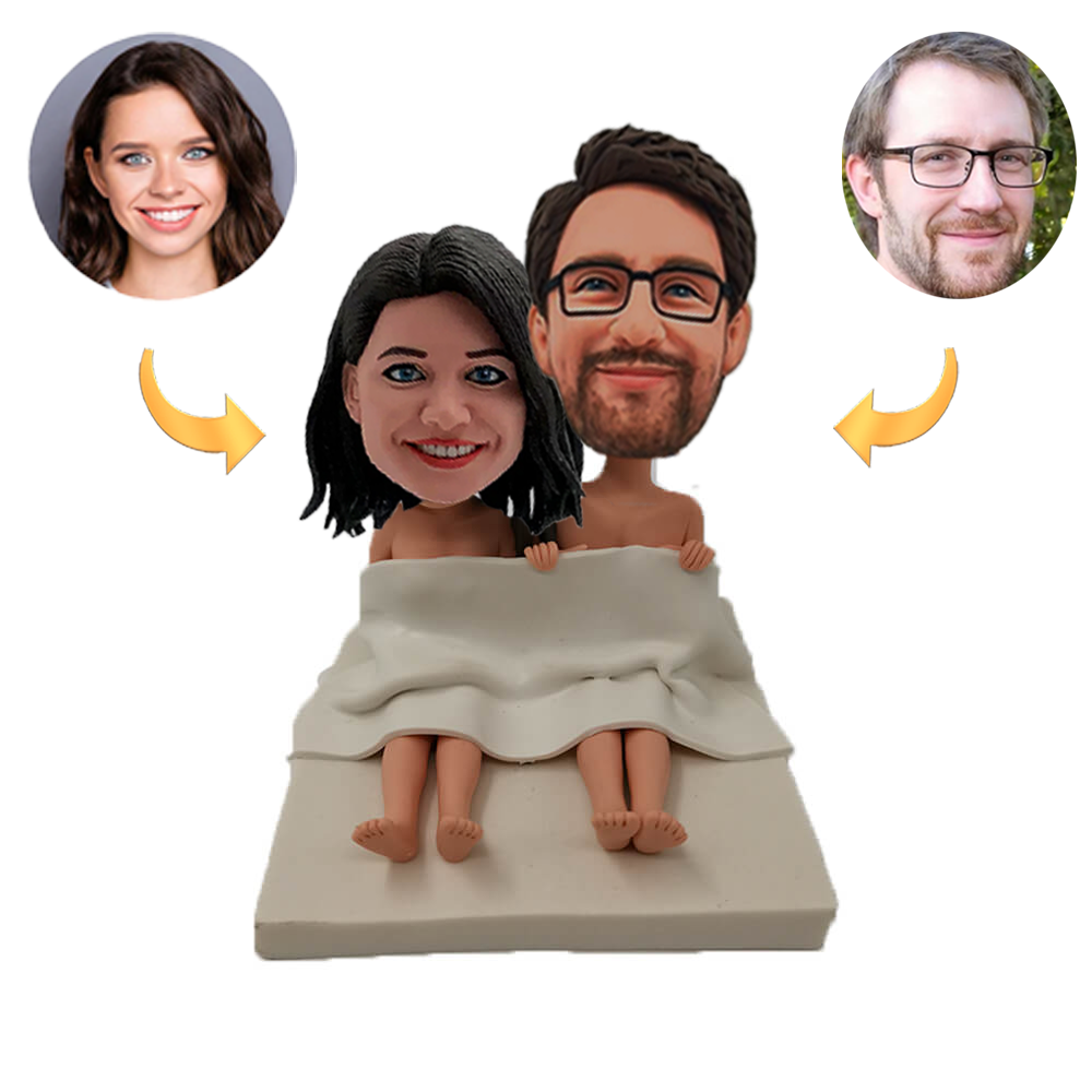 Blanket Couples Sitting on Bed Custom Bobblehead with Engraved Text