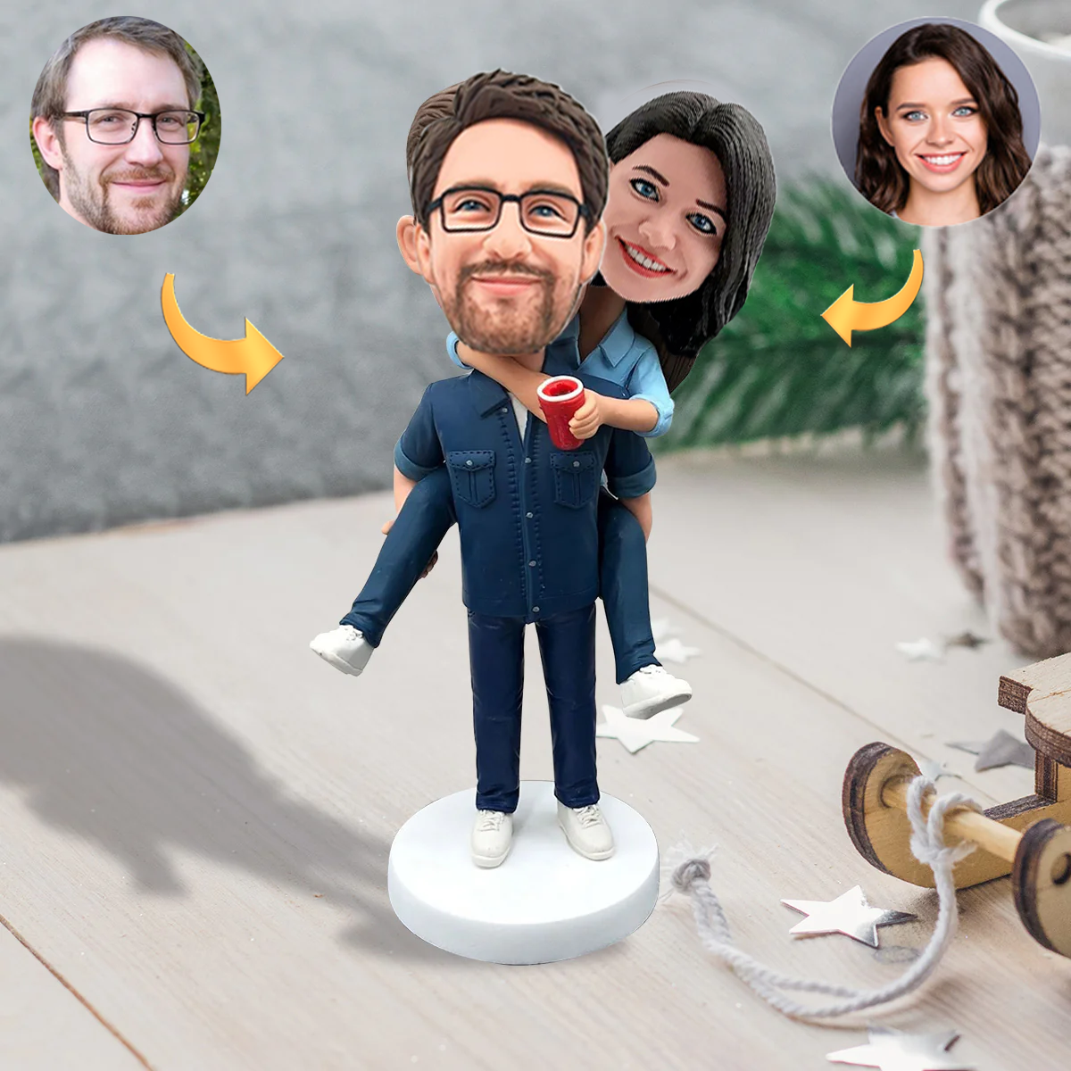 Woman Lying on Man's Back Custom Bobblehead with Engraved Text Couple Gift