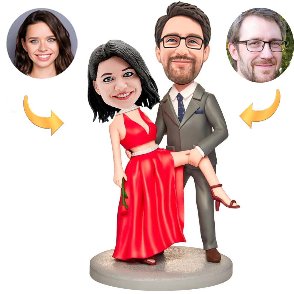 Wedding Couple Custom Bobblehead with Engraved Text Woman in Red Dress Wedding Gift