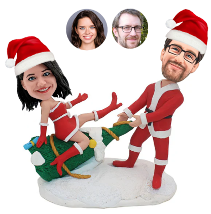 Christmas Couple Sitting on Wine Bottles Custom Bobblehead with Engraved Text Christmas Gift