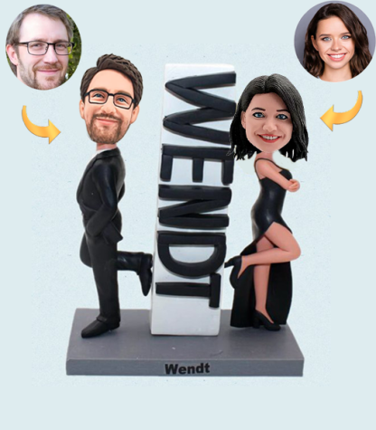 Couple Standing Back to Back Custom Bobblehead with Engraved Text