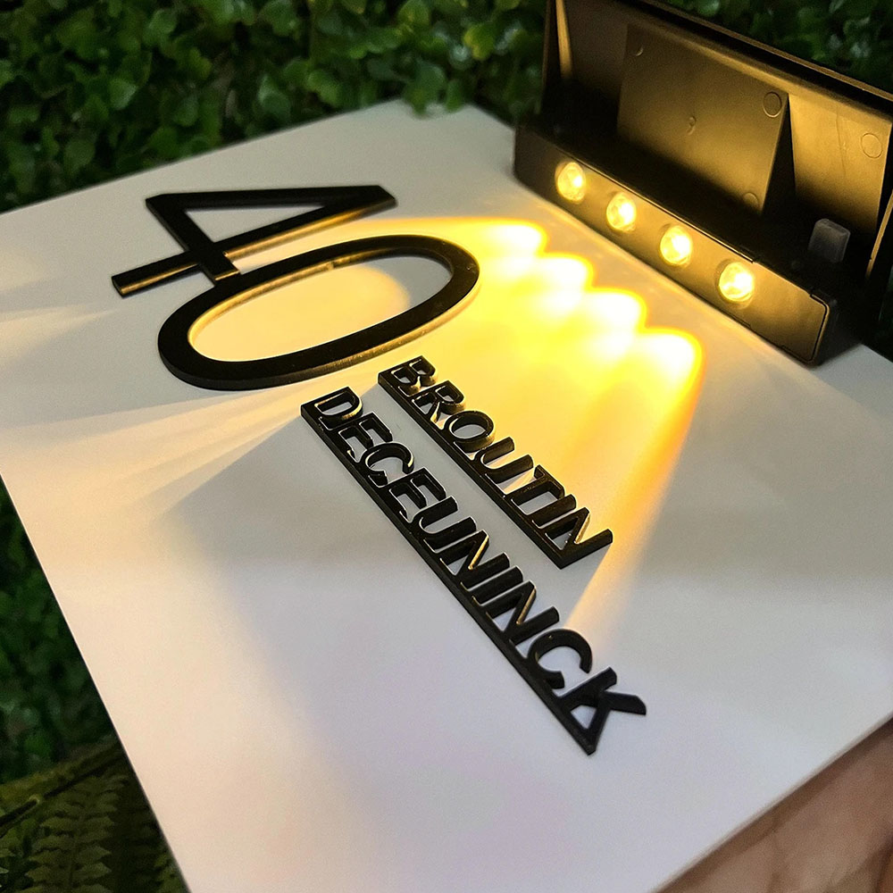 Custom Solar Illuminated Address Sign Outdoor LED House Number Plate Waterproof Door Plaque