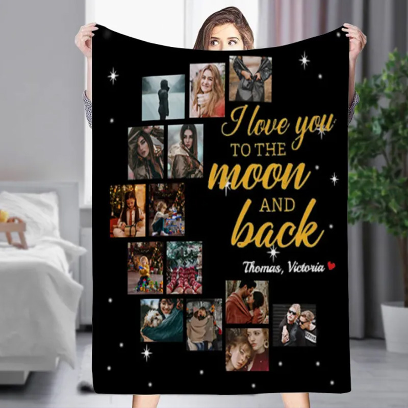 Custom Blanket with Collage Photos Personalized Photo Blanket 14 Photos Moon Plush Custom Couple Gift