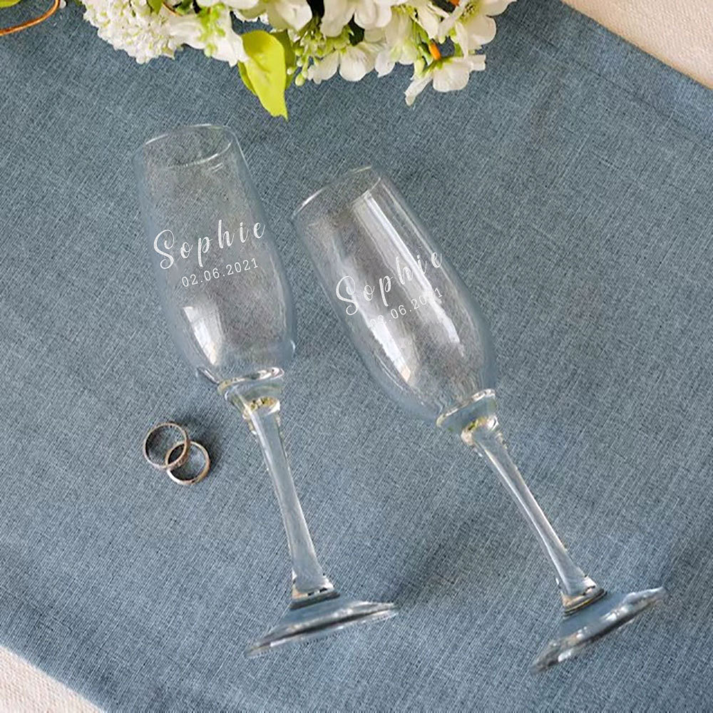 Personalized Wedding Champagne Flutes Set of 2 Custom Name and Date Engraved Wedding Toasting Glasses for Bride and Groom Wedding Gifts