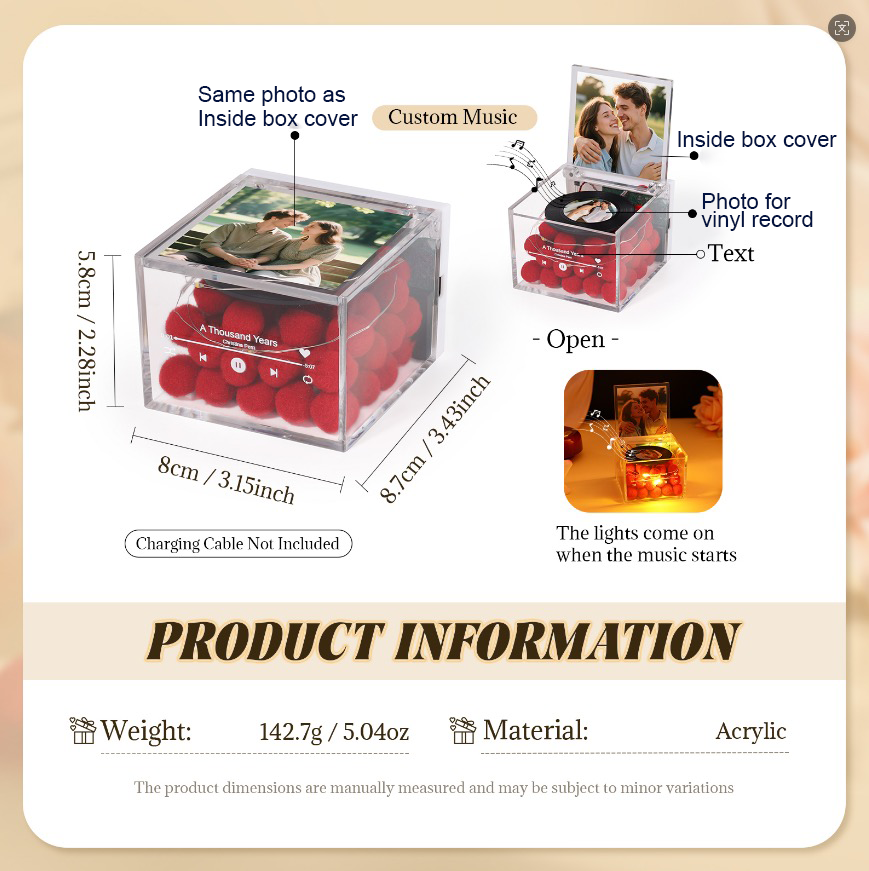 Custom Photo and Whole Song Music Box with Light Christmas Gifts Personalized Music Acrylic Box