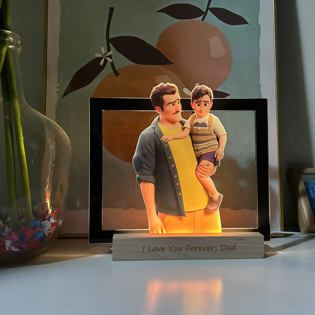 Personalized Portrait Cartoon Style 3D Photo and Text Frame Night Light Pixar Inspired Portraits	Gifts for Father