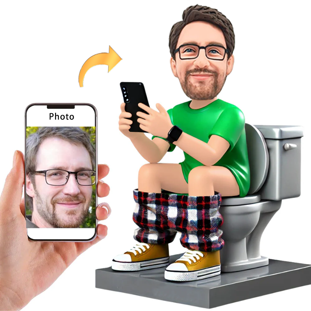 Funny Man Taking Off Pants on the Toilet Looking at Phone with Text Engraved