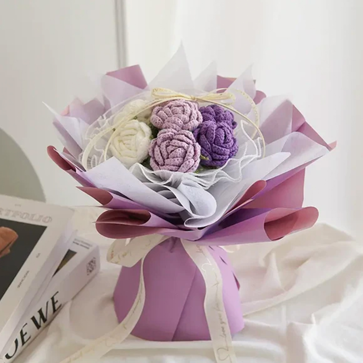 Hademade Weave Flowers Bouquet Rose 7 Flowers Set Anniversary Gift for Her