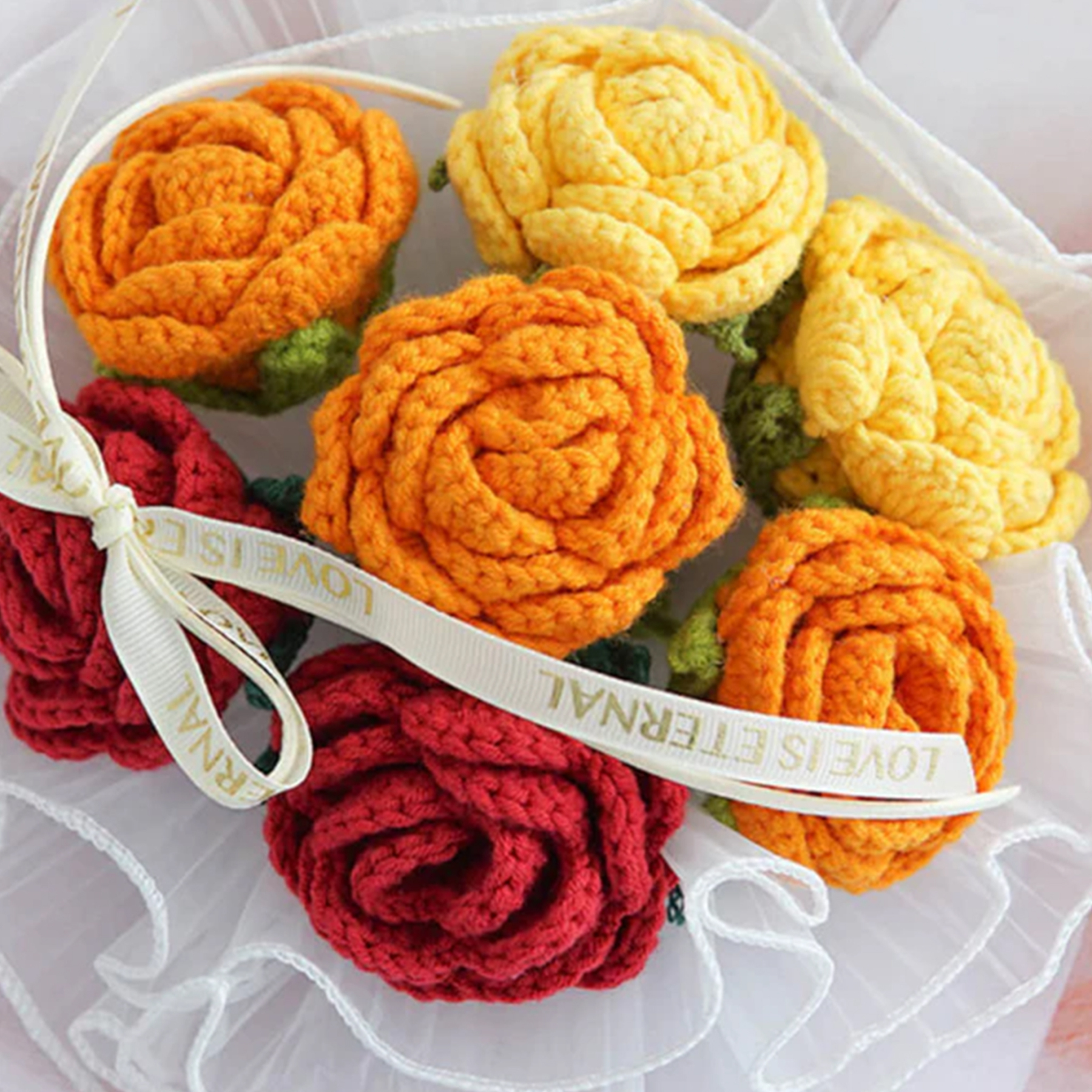 Hademade Weave Flowers Bouquet Rose 7 Flowers Set Anniversary Gift for Her