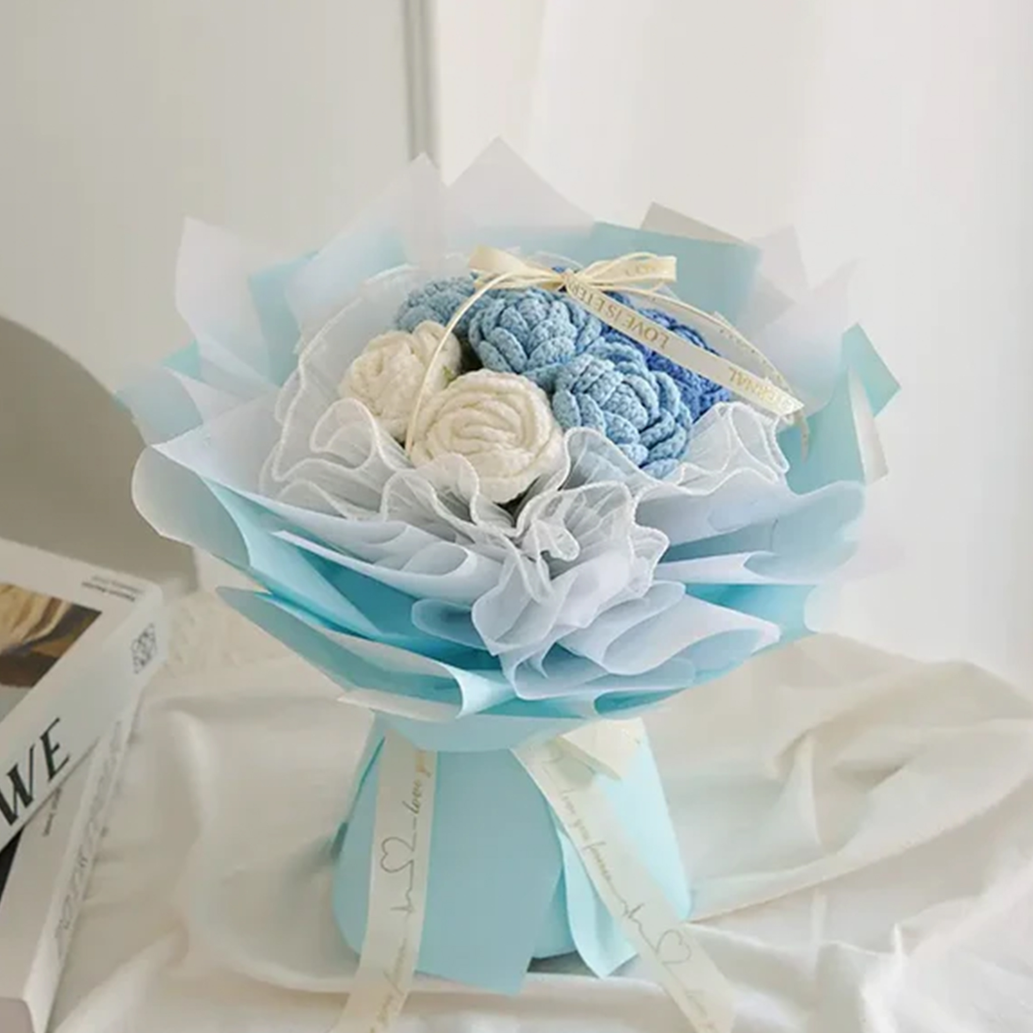 Hademade Weave Flowers Bouquet Rose 7 Flowers Set Anniversary Gift for Her