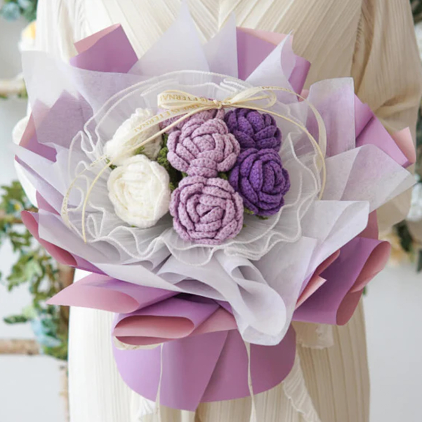 Hademade Weave Flowers Bouquet Rose 7 Flowers Set Anniversary Gift for Her