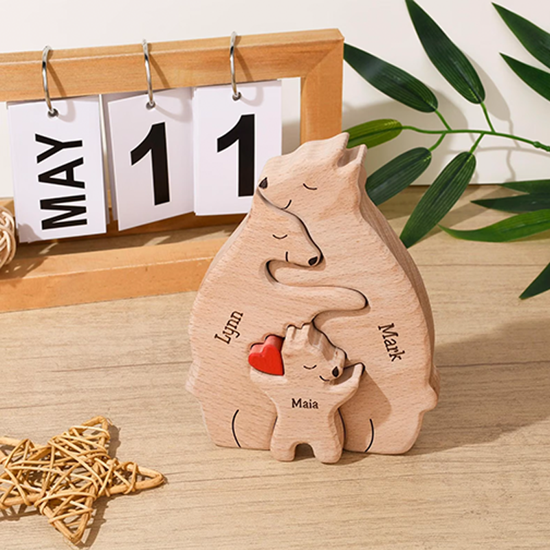 Personalized Wooden Bear Family Name Puzzle Engraved Wooden Custome Animal Family Gift for Parents & Kids