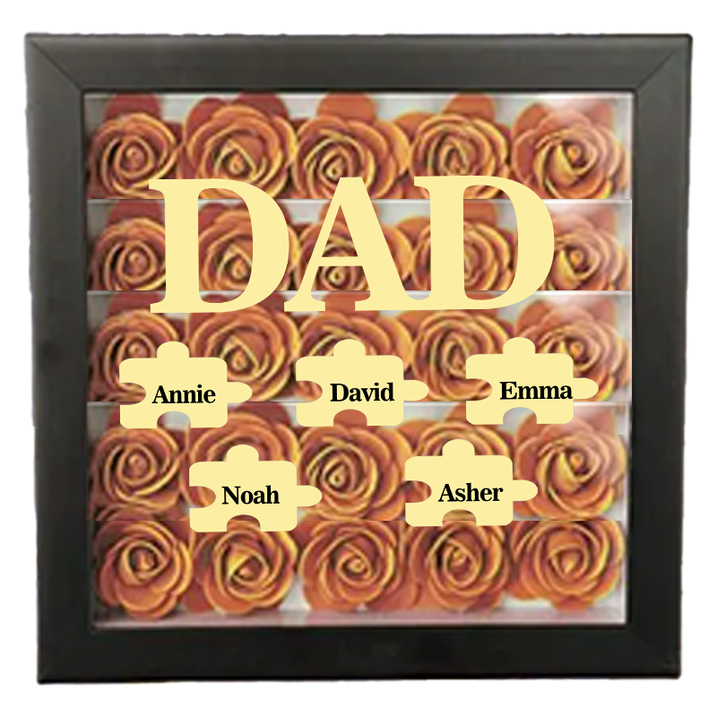 Personalized Flower Shadow Box Custom Puzzle Names Rose Frame Fathers Day Gift for Dad and Grandpa