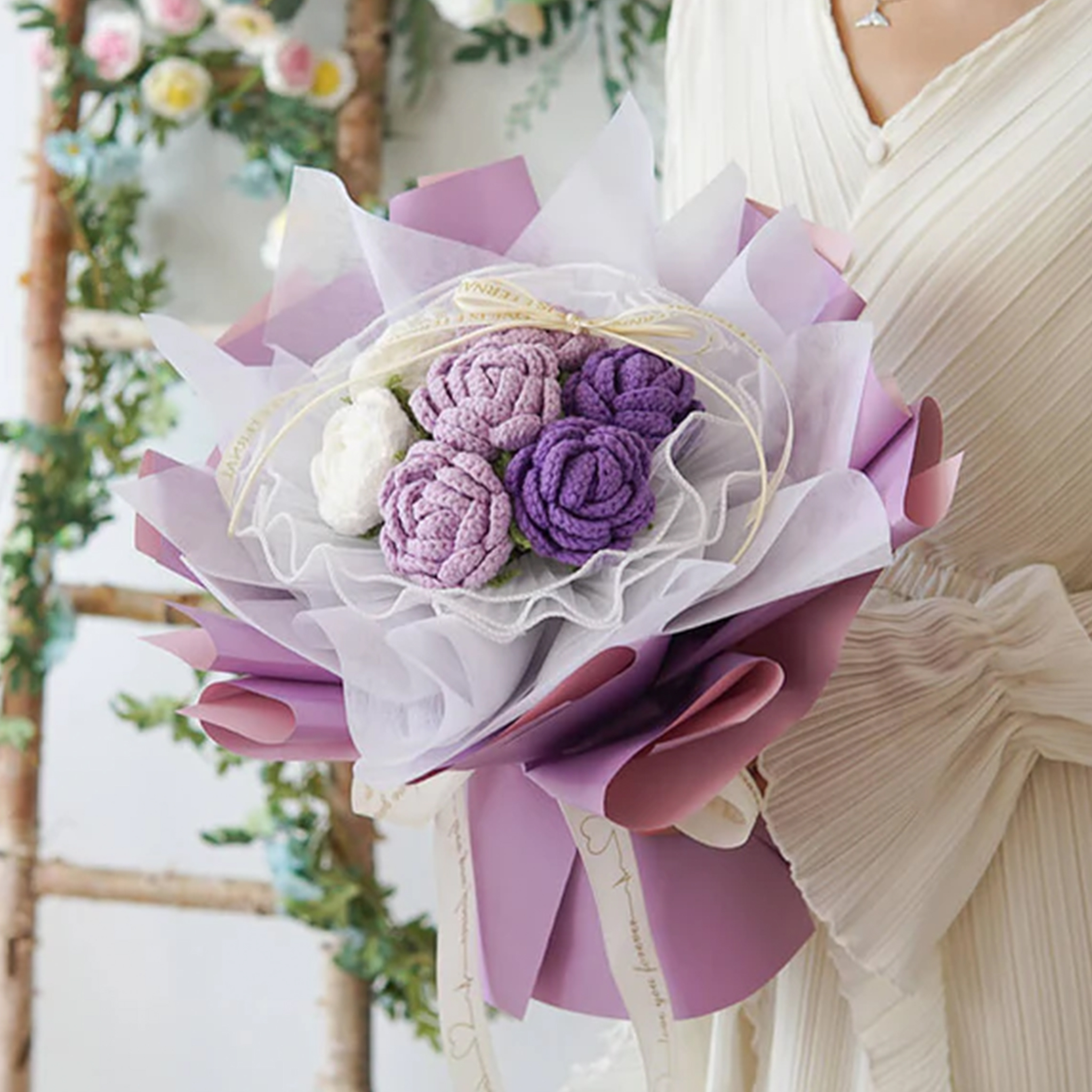 Hademade Weave Flowers Bouquet Rose 7 Flowers Set Anniversary Gift for Her