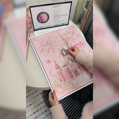 DIY Pink Castle Pearl Painting Kit - Handmade Crystal Diamond Art with Frame Beginner-Friendly Wall Decor Gift for Friends