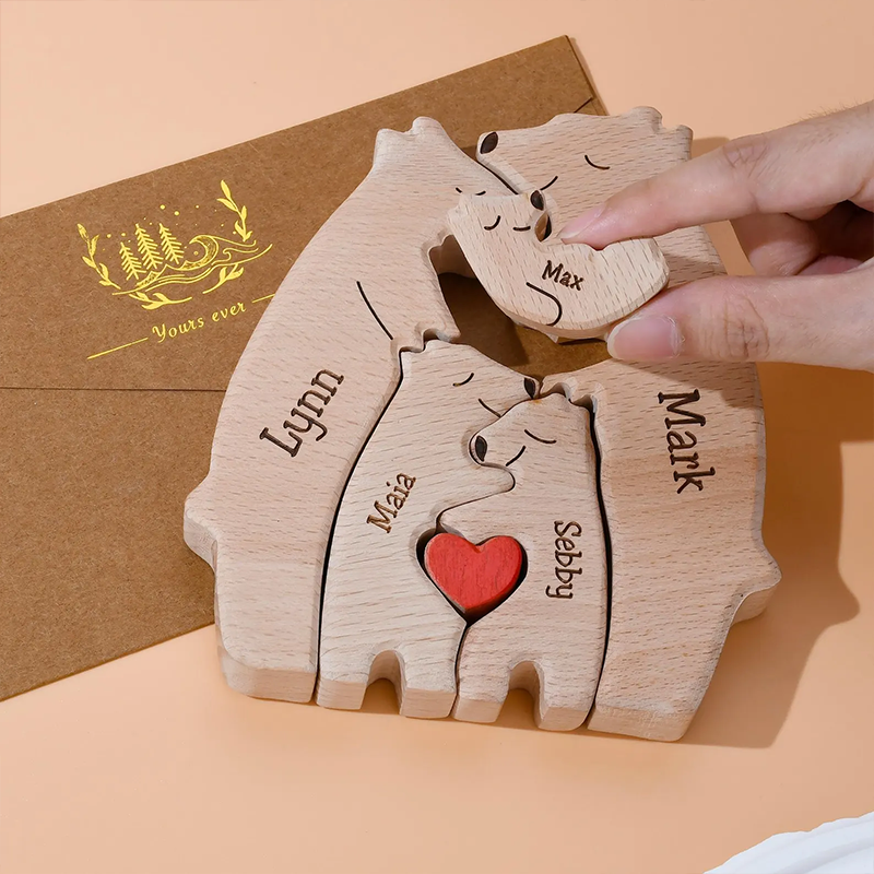 Personalized Wooden Bear Family Name Puzzle Engraved Wooden Custome Animal Family Gift for Parents & Kids