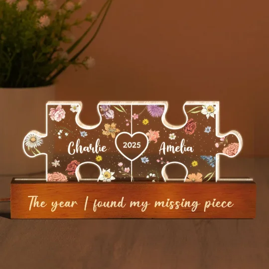 Personalized Acrylic LED Night Light You Are My Missing Piece Couple Initials Puzzle Floral Theme Anniversary Gift for Her