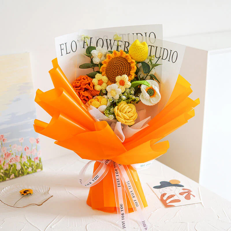 Handmade Weave Flowers Bouquet Sunflower Carnation Tulip Shirley 11 Flowers Set Anniversary Gift for Her