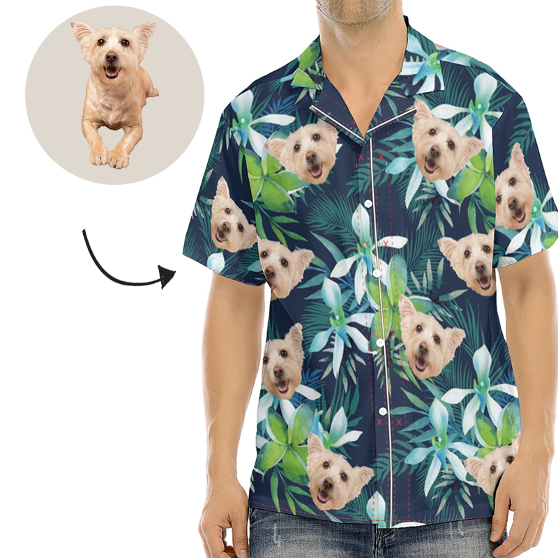 Custom Hawaiian Shirt with Pet Photo Cat Face Dog Face Leaf Tropical Sunshine Style