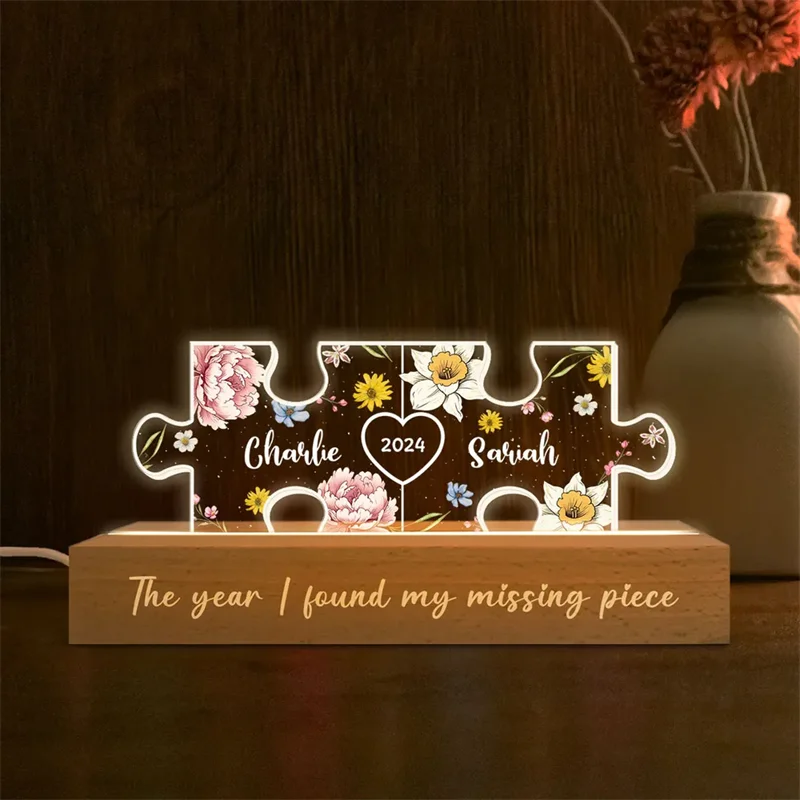 Personalized Acrylic LED Night Light You Are My Missing Piece Couple Initials Puzzle Floral Theme Anniversary Gift for Her