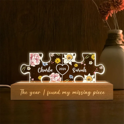 Personalized Acrylic LED Night Light You Are My Missing Piece Couple Initials Puzzle Floral Theme Anniversary Gift for Her