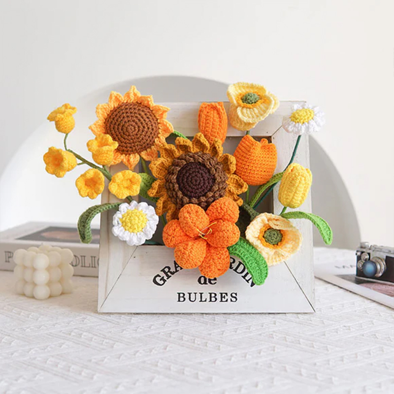 Handmade Weave Flowers Phote Frame Decoration Sunflower Tulip Daisy 15 Flowers Set Anniversary Gift for Her