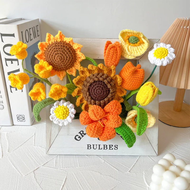 Handmade Weave Flowers Phote Frame Decoration Sunflower Tulip Daisy 15 Flowers Set Anniversary Gift for Her