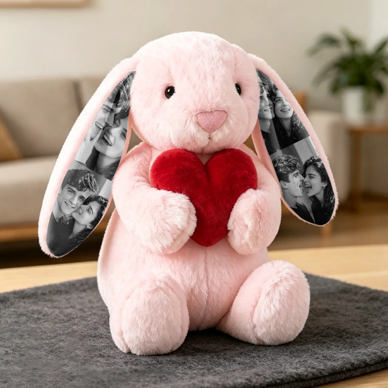 Personalized Photo Bunny Plush with Red Heart | Anniversary Gift for Couples