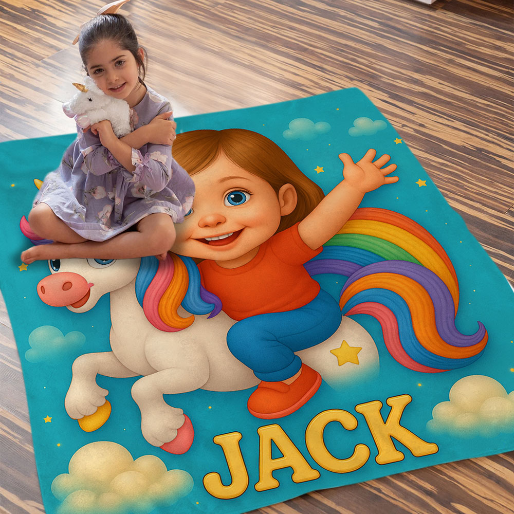 Personalized Kids Cartoon Portrait Blanket with Custom Photo and Name Soft Cozy Throw for Bedroom Gifts for Girls
