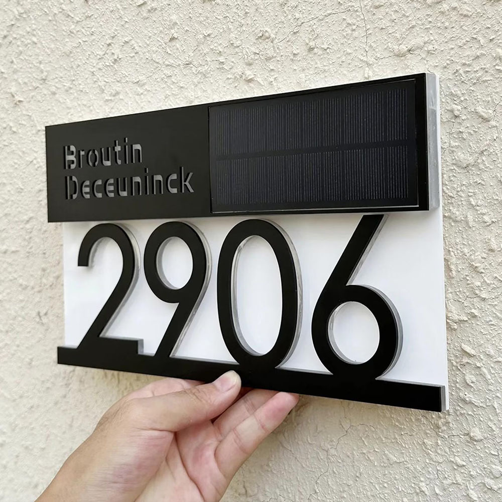 Solar Powered LED House Address Plaque Personalized Number Sign Waterproof Outdoor Door Sign