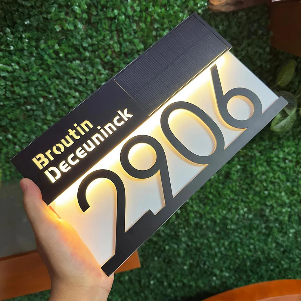 Solar Powered LED House Address Plaque Personalized Number Sign Waterproof Outdoor Door Sign