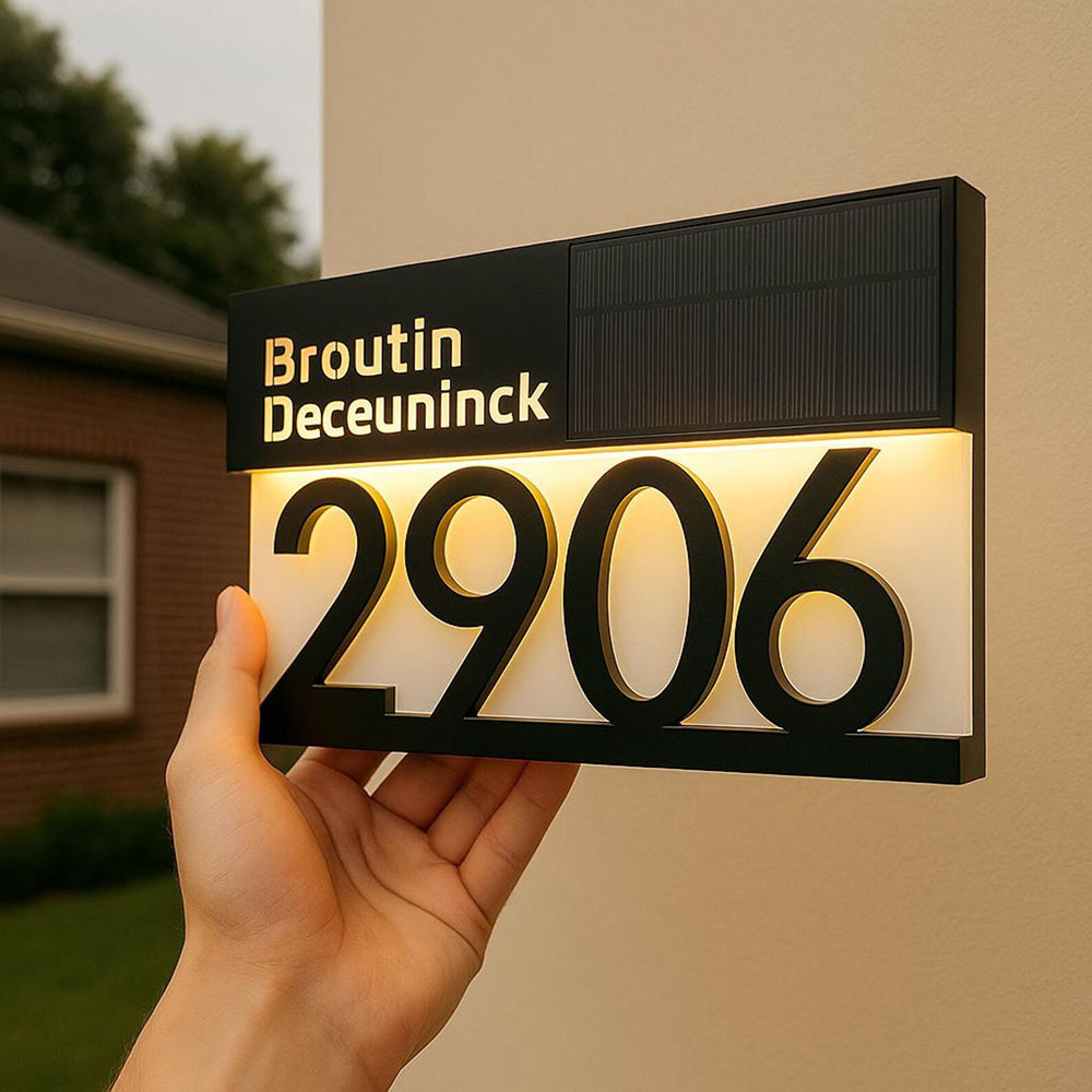 Solar Powered LED House Address Plaque Personalized Number Sign Waterproof Outdoor Door Sign