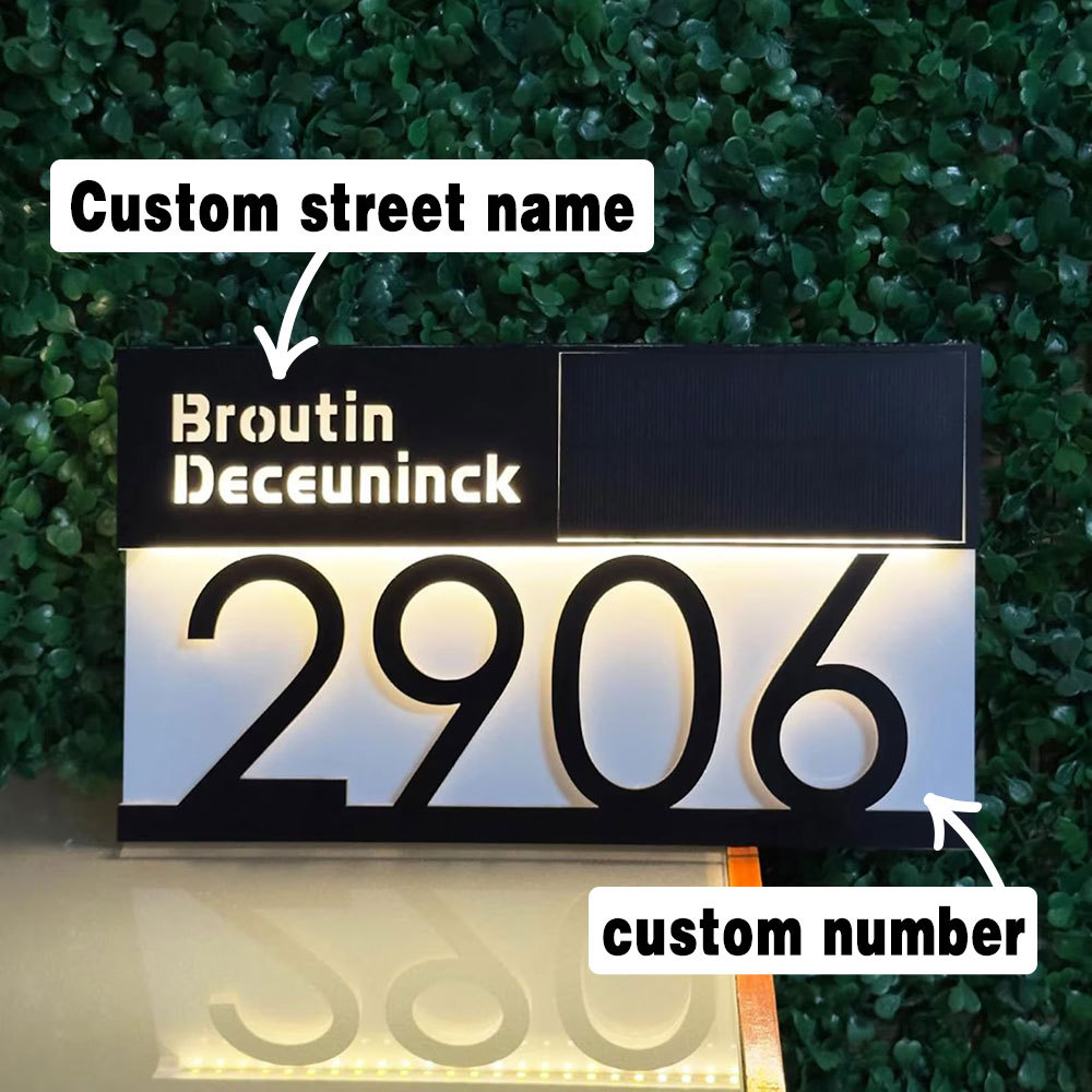 Solar Powered LED House Address Plaque Personalized Number Sign Waterproof Outdoor Door Sign