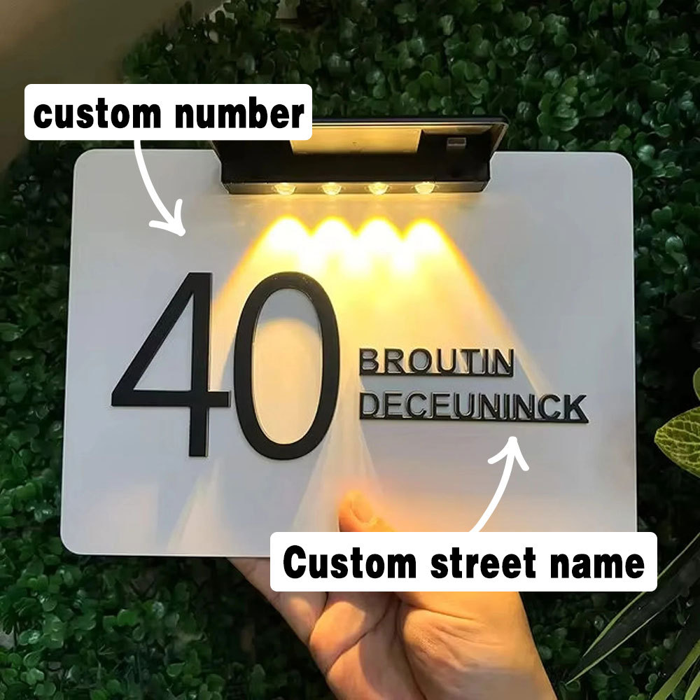 Custom Solar Illuminated Address Sign Outdoor LED House Number Plate Waterproof Door Plaque