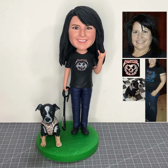 Fully Customizable Woman And Pet Custom Bobblehead with Engraved Text