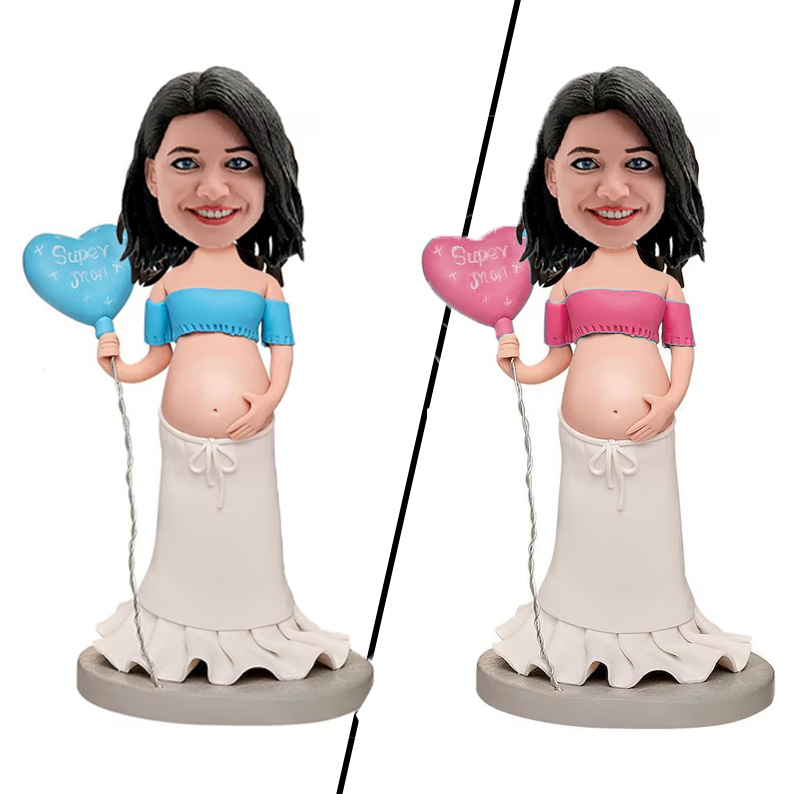 Personalized Bobblehead Pregnant Super Mom with Balloon and Engraving Girl Gift for Gender Reveal Party