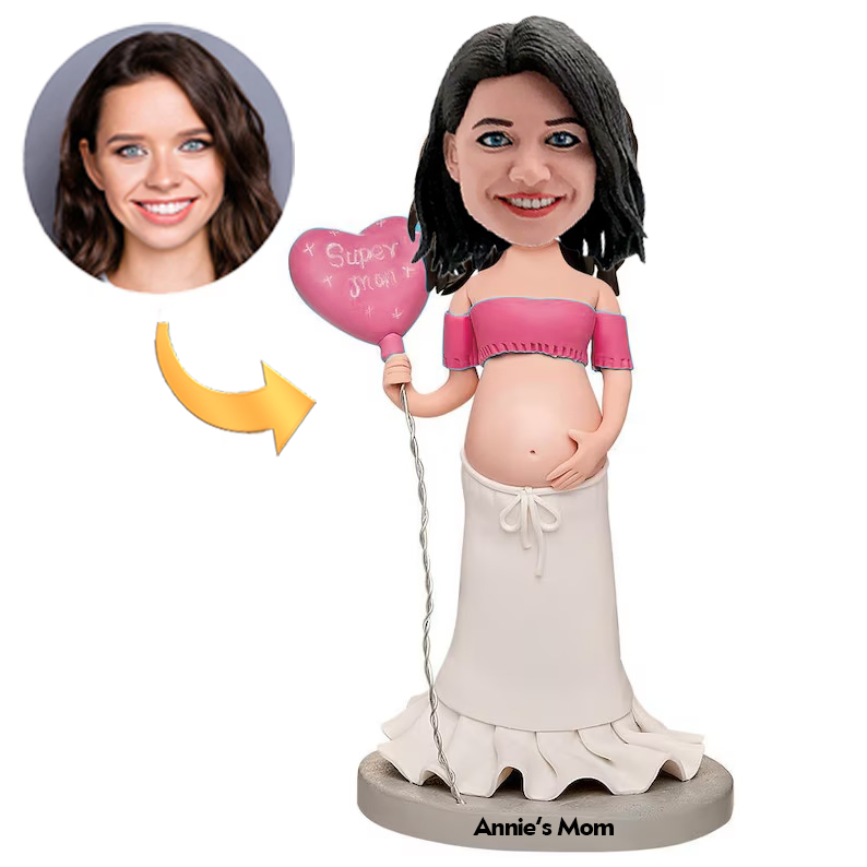 Personalized Bobblehead Pregnant Super Mom with Balloon and Engraving Girl Gift for Gender Reveal Party