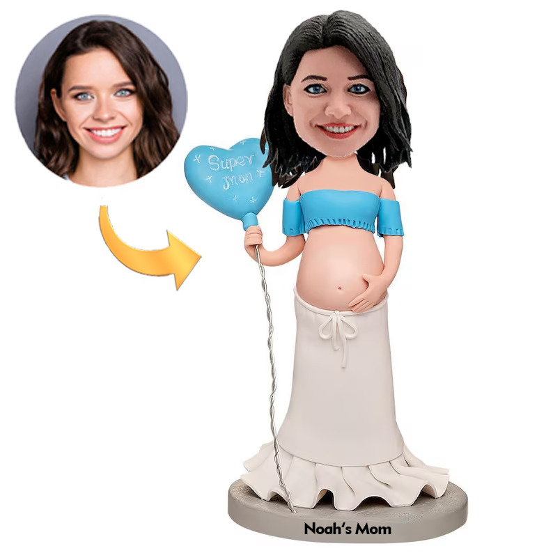 Custom Bobblehead Expectant Mothers with Balloon and Engraving Boy Gift for Gender Reveal Party