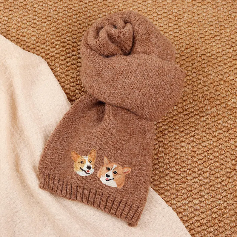 Personalized Pet Face and Name Scarf Custom Embroidered Pet Portrait Scarf Christmas Gift for Dog Mom/Dad