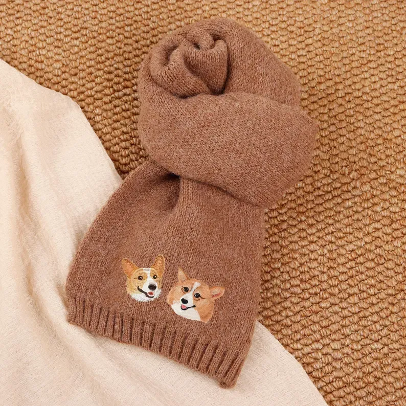 Personalized Pet Face and Name Scarf Custom Embroidered Pet Portrait Scarf Christmas Gift for Dog Mom/Dad