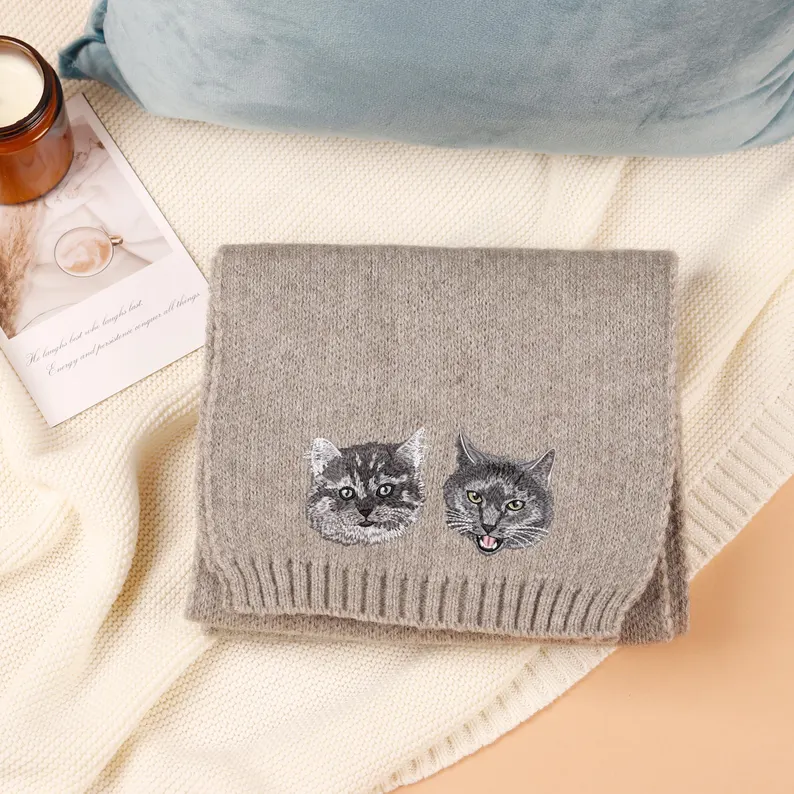 Personalized Pet Face and Name Scarf Custom Embroidered Pet Portrait Scarf Christmas Gift for Dog Mom/Dad